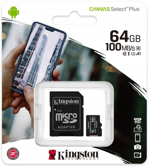 Karta Pamięci Kingston Canvas Select 64gb Microsdxc Cl10 Uhs-i Card + Sd Adapter